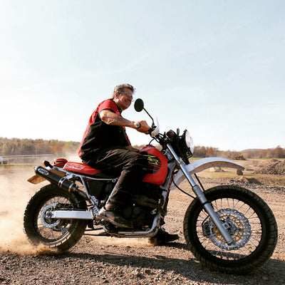 Pierre Beullac riding Honda XR650L Custom Motorcycle on dirt