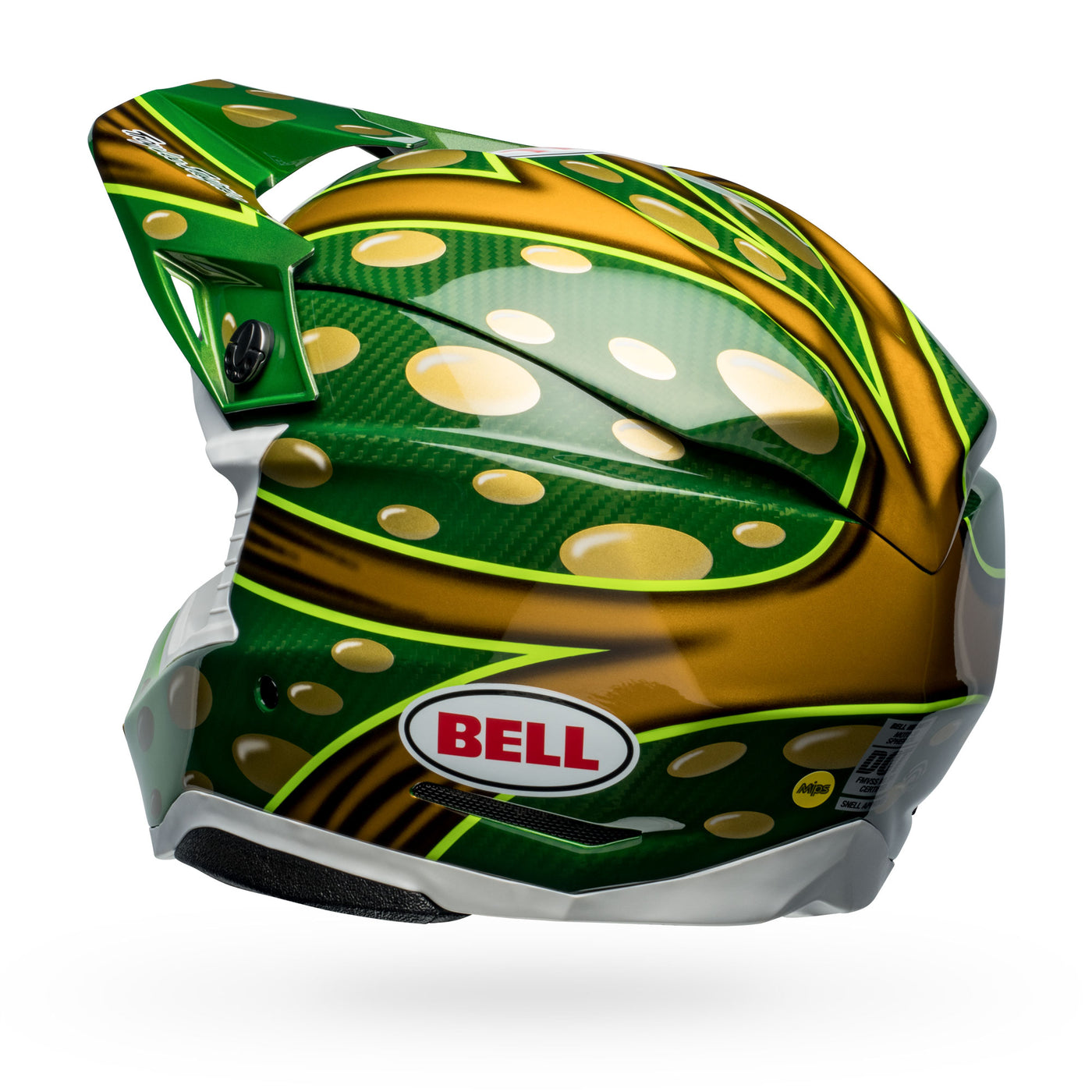 bell moto 10 spherical carbon dirt motorcycle helmet mcgrath replica 22 gloss gold green back left