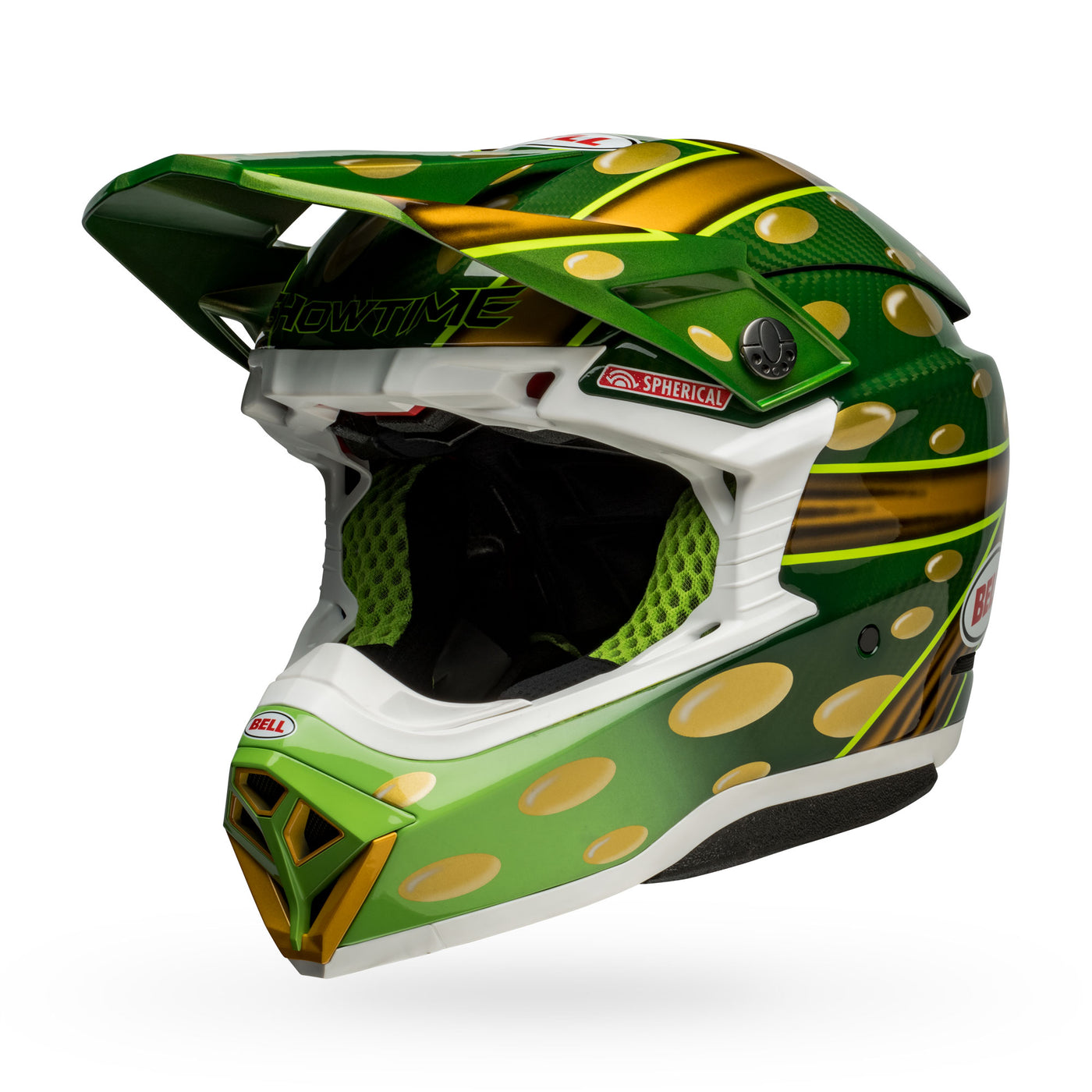 bell moto 10 spherical carbon dirt motorcycle helmet mcgrath replica 22 gloss gold green front left