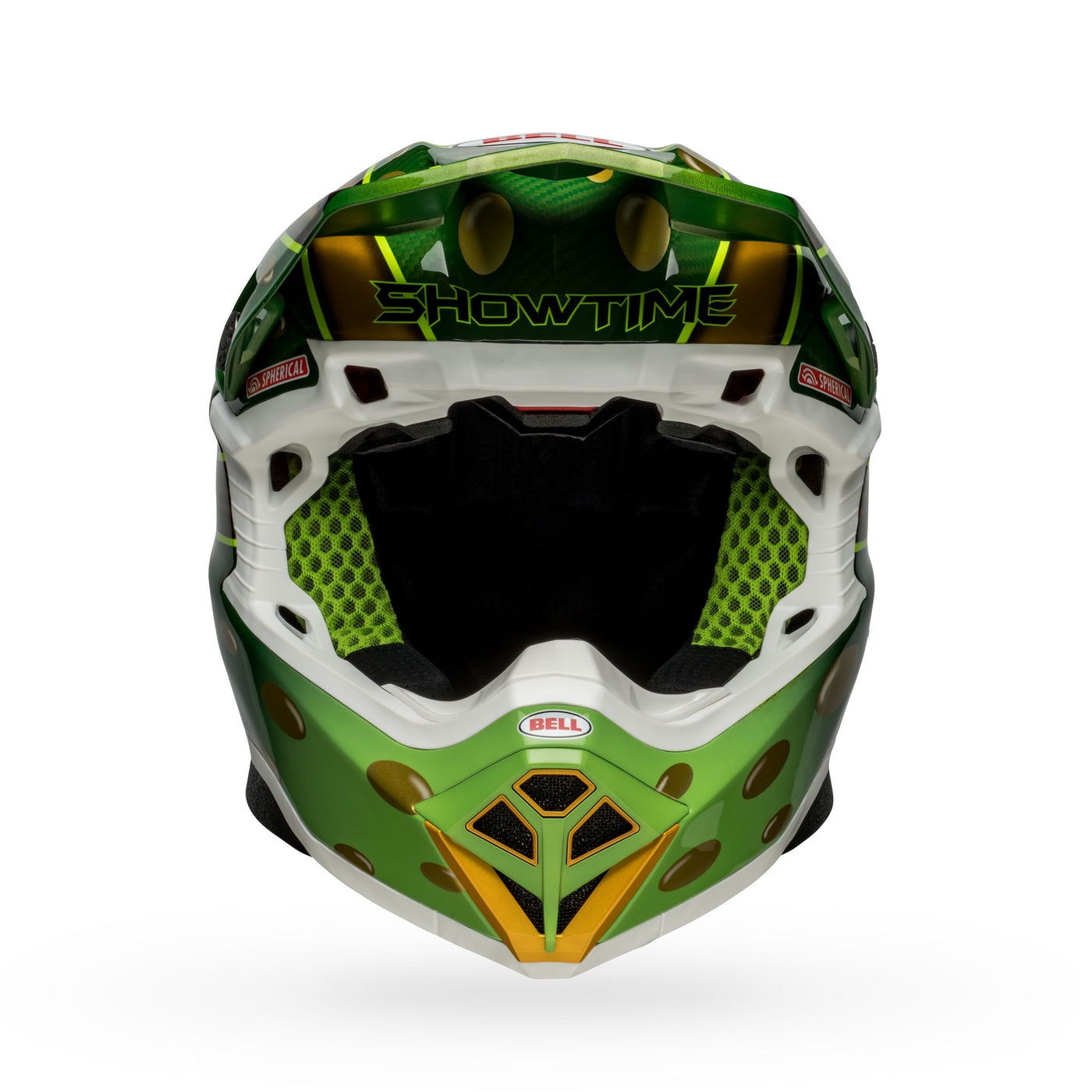 bell moto 10 spherical carbon dirt motorcycle helmet mcgrath replica 22 gloss gold green front