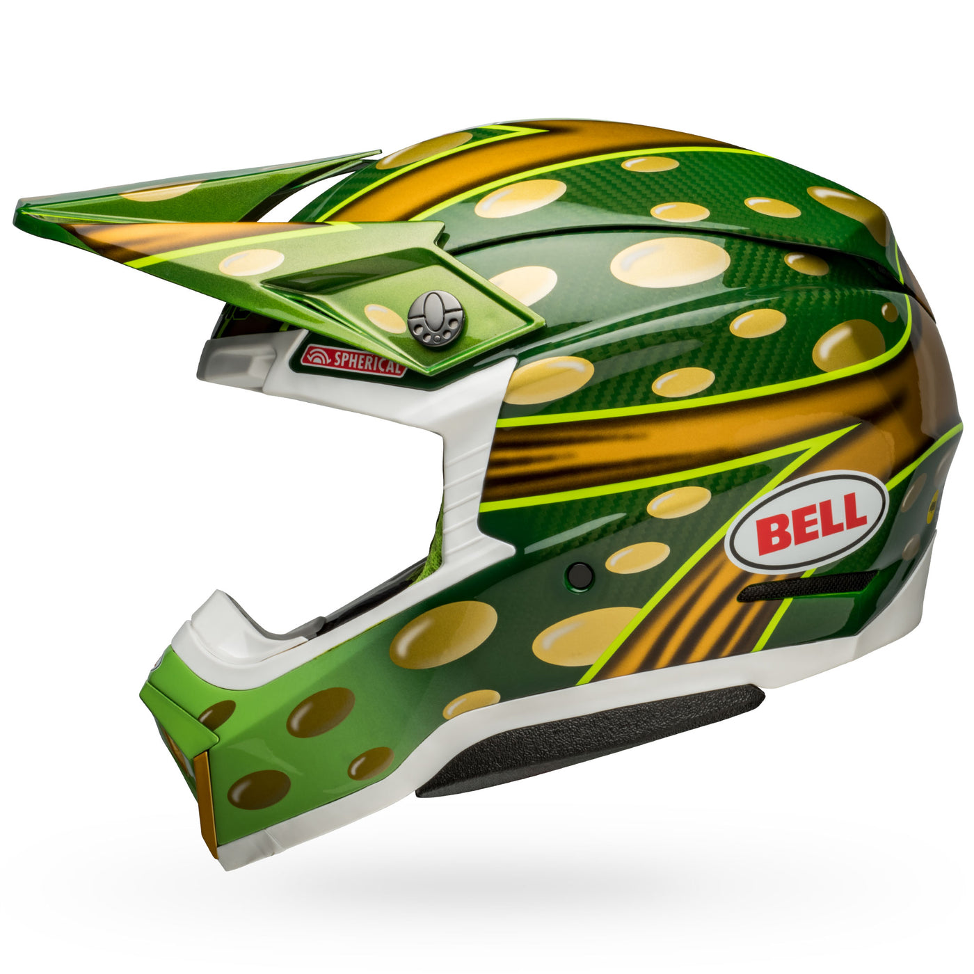 bell moto 10 spherical carbon dirt motorcycle helmet mcgrath replica 22 gloss gold green left