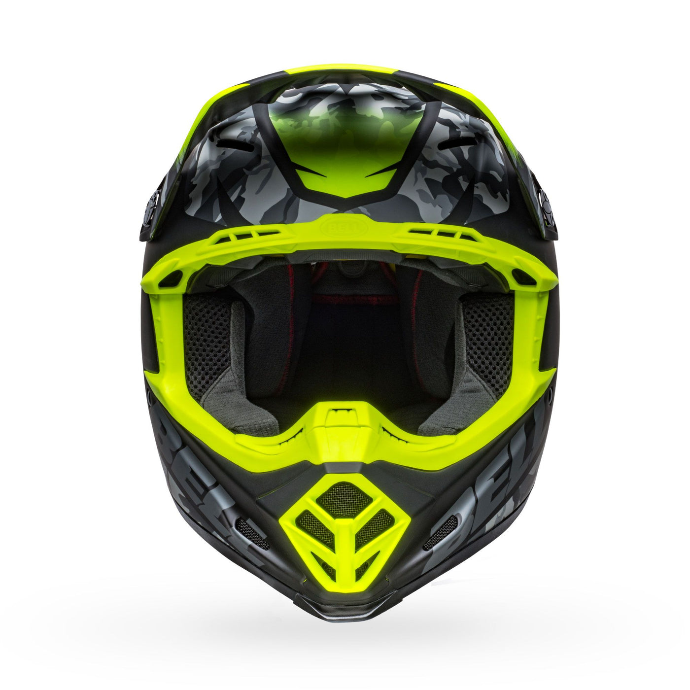 bell moto 9 mips dirt motorcycle helmet venom matte black camo hi viz yellow front