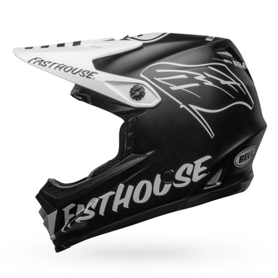 bell moto 9 youth mips dirt motorcycle helmet fasthouse flying colors matte black white left