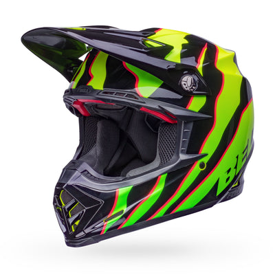 bell moto 9s flex dirt motorcycle helmet claw gloss black green front left