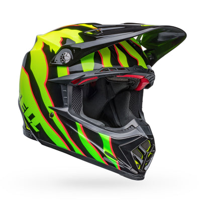 bell moto 9s flex dirt motorcycle helmet claw gloss black green front right