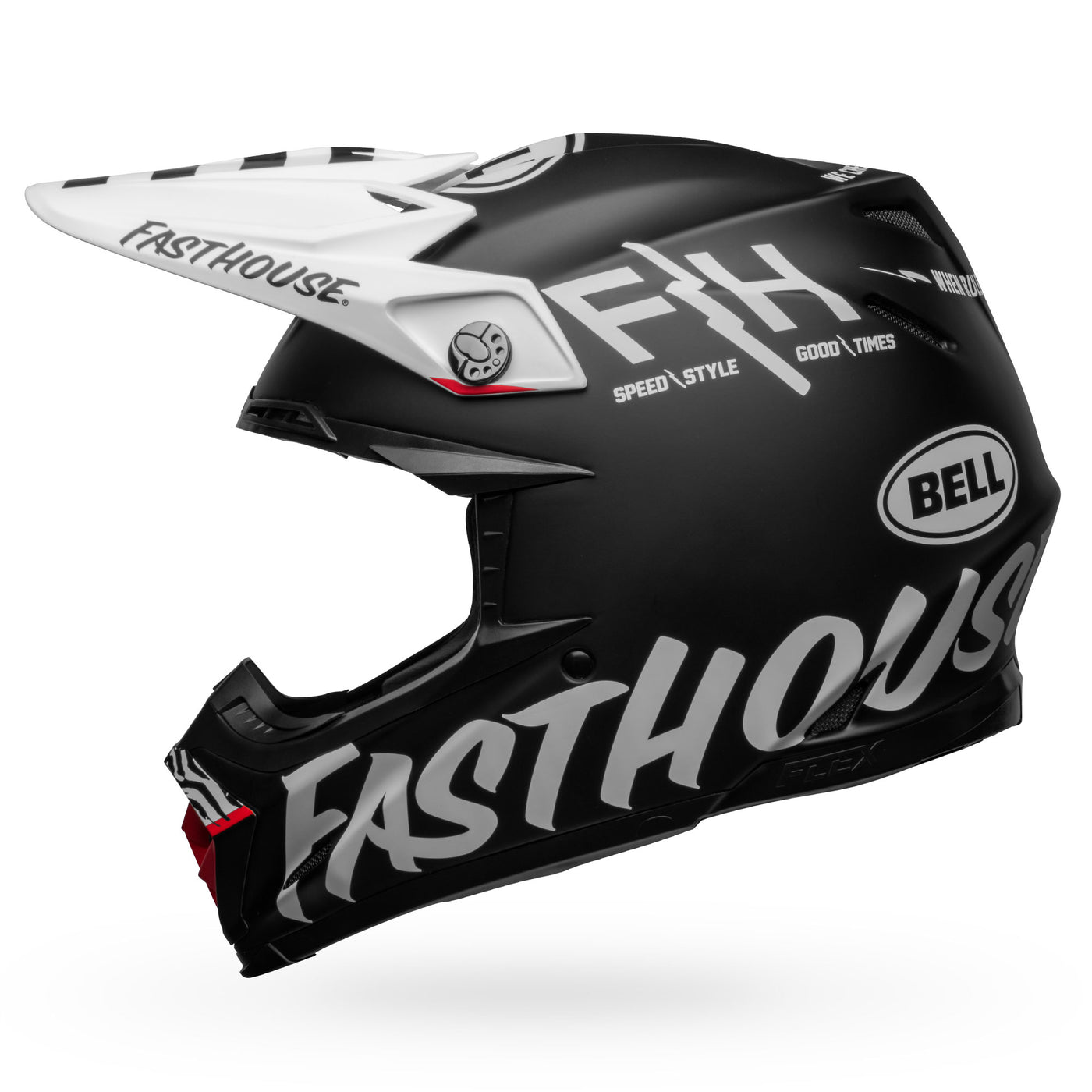 bell moto 9s flex dirt motorcycle helmet fasthouse flex crew matte black white left