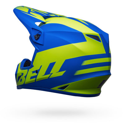 bell mx 9 mips dirt motorcycle helmet disrupt matte classic blue hi viz yellow back left